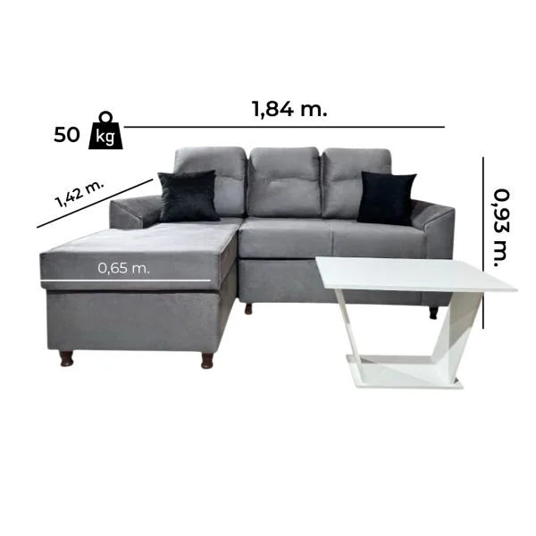 SOFÁ UNANIME SAN LORENZO 2 LUGARES + CHAISE COLOR GRIS + MESITA Y ALMOHADITAS
