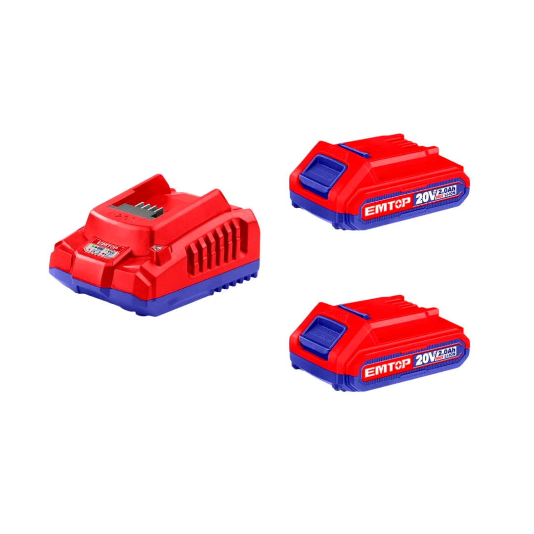 KIT CARGADOR 20V 2AH + 2X BAT. 20V 2.0AH. EMTOP ELBCPK1222