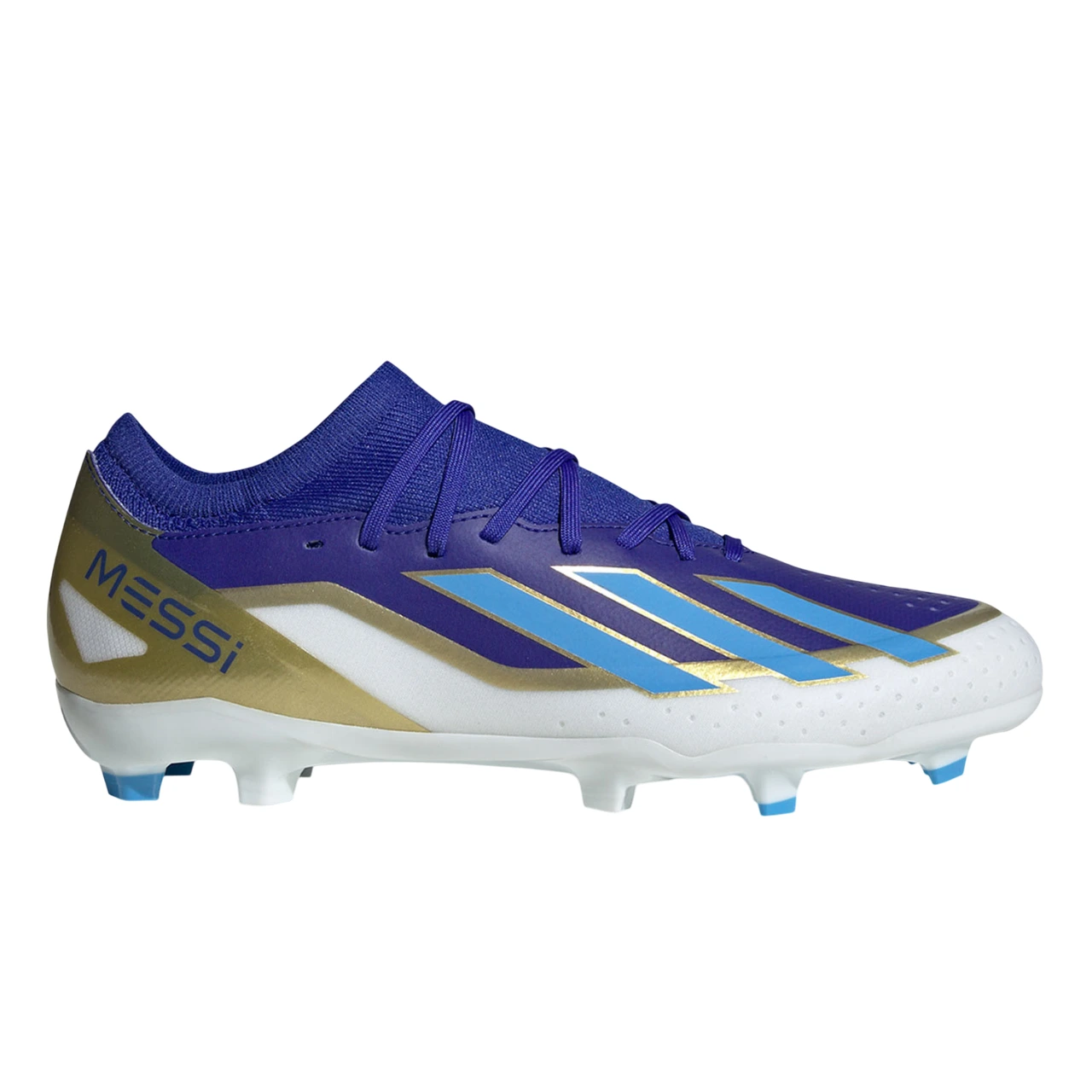 CALZADO DEPORTIVO ADIDAS X CRAZYFAST LEAGUE FG J MESSI COLOR AZUL/BLANCO/DORADO CALCE 5.5 UK