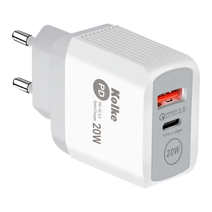 CARGADOR RAPIDO DE PARED KOLKE USB PD + QC 3.0 BLANCO KCR-2706