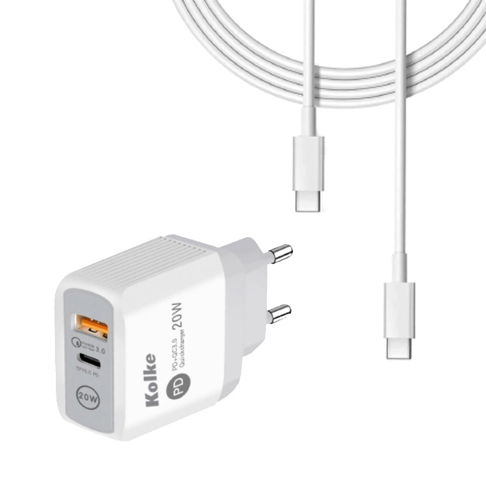 CARGADOR RAPIDO DE PARED KOLKE USB PD + QC 3.0 BLANCO KCR-2706 2