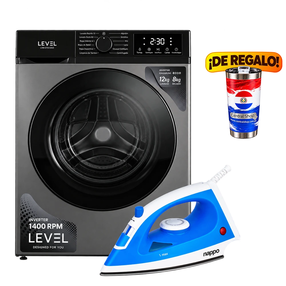 LAVARROPAS LEVEL 7KG SILVER REG LVLA-002 + PLANCHA NAPPO SECA Y A VAPOR NEP-157