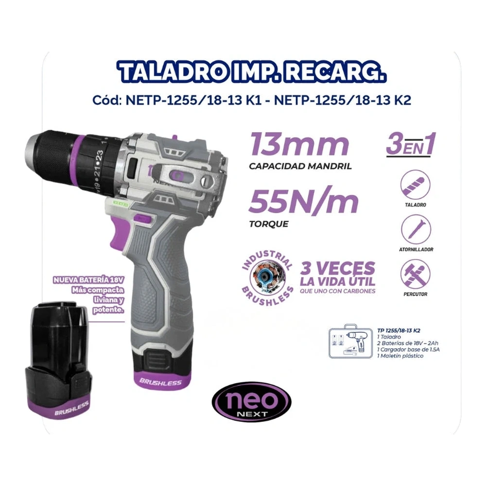TALADRO DE IMPACTO RECARGABLE 18V + 2BAT. 2AH + CARG. 1.5AH 55NM EN MALETIN 2