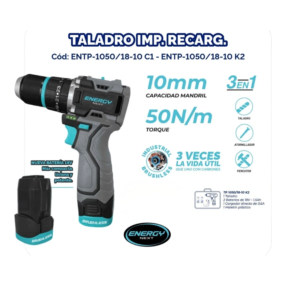 TALADRO DE IMPACTO RECARGABLE 18V C/ 2BAT 1.5AH + CARG DIRECTO 1.5AH 2
