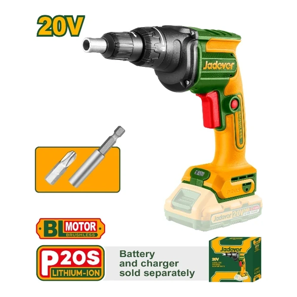 Taladro Drywall (1/4") BL 20V. + Acc. Sin Bateria Jadever Caja