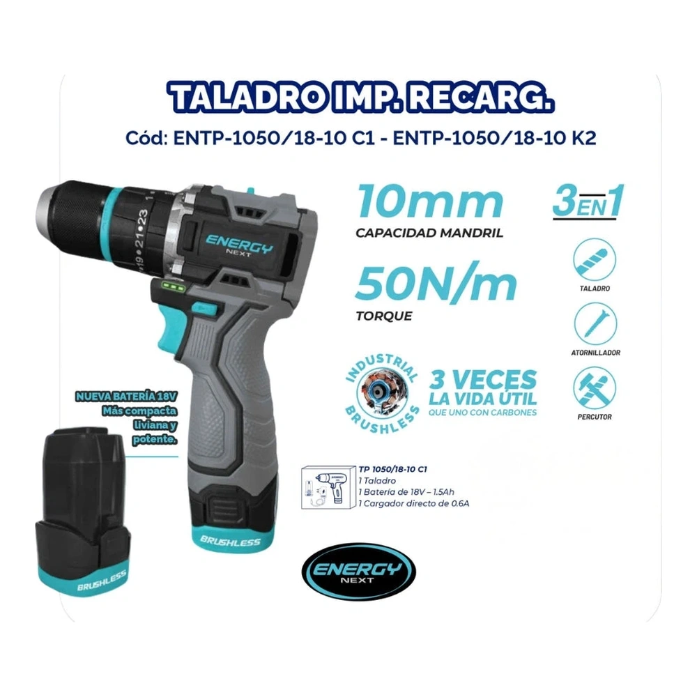 TALADRO DE IMPACTO RECARGABLE 18V C/BAT 1.5AH + CARG DIRECTO 1.5AH 2