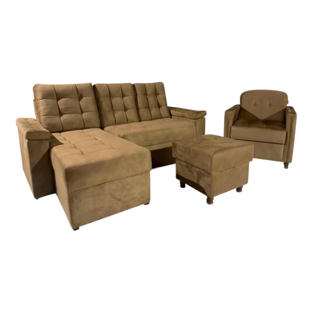 Sofá Unanime Ypane 3L + Poltrona + Puff Beige 2