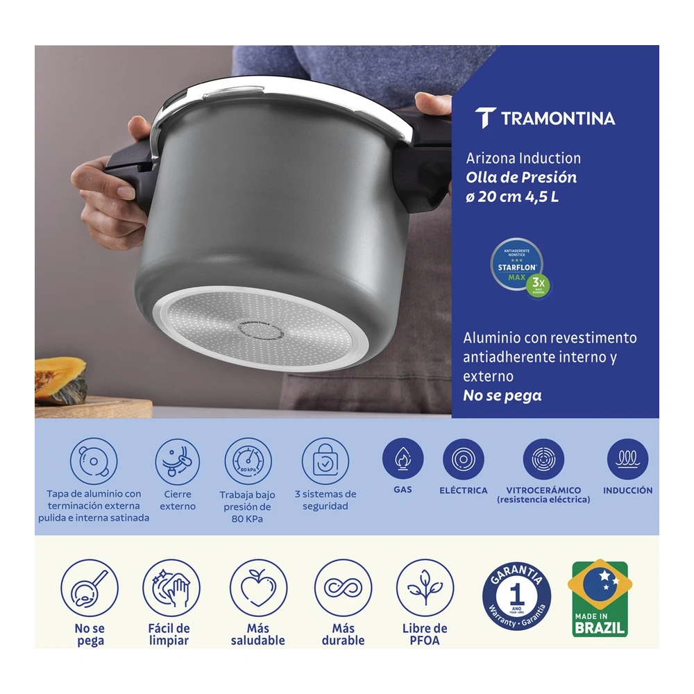 OLLA DE PRESION 20CM 4,5L ARIZONA INDUCTION TRAMONTINA T205602 4