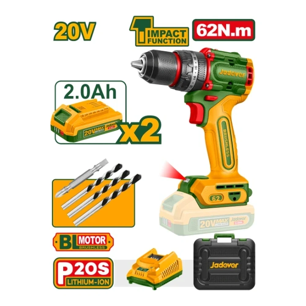 Taladro Percutor 13mm BL. 62Nm 2x Bat. 20V 2Ah (Compact) (M) Jadever