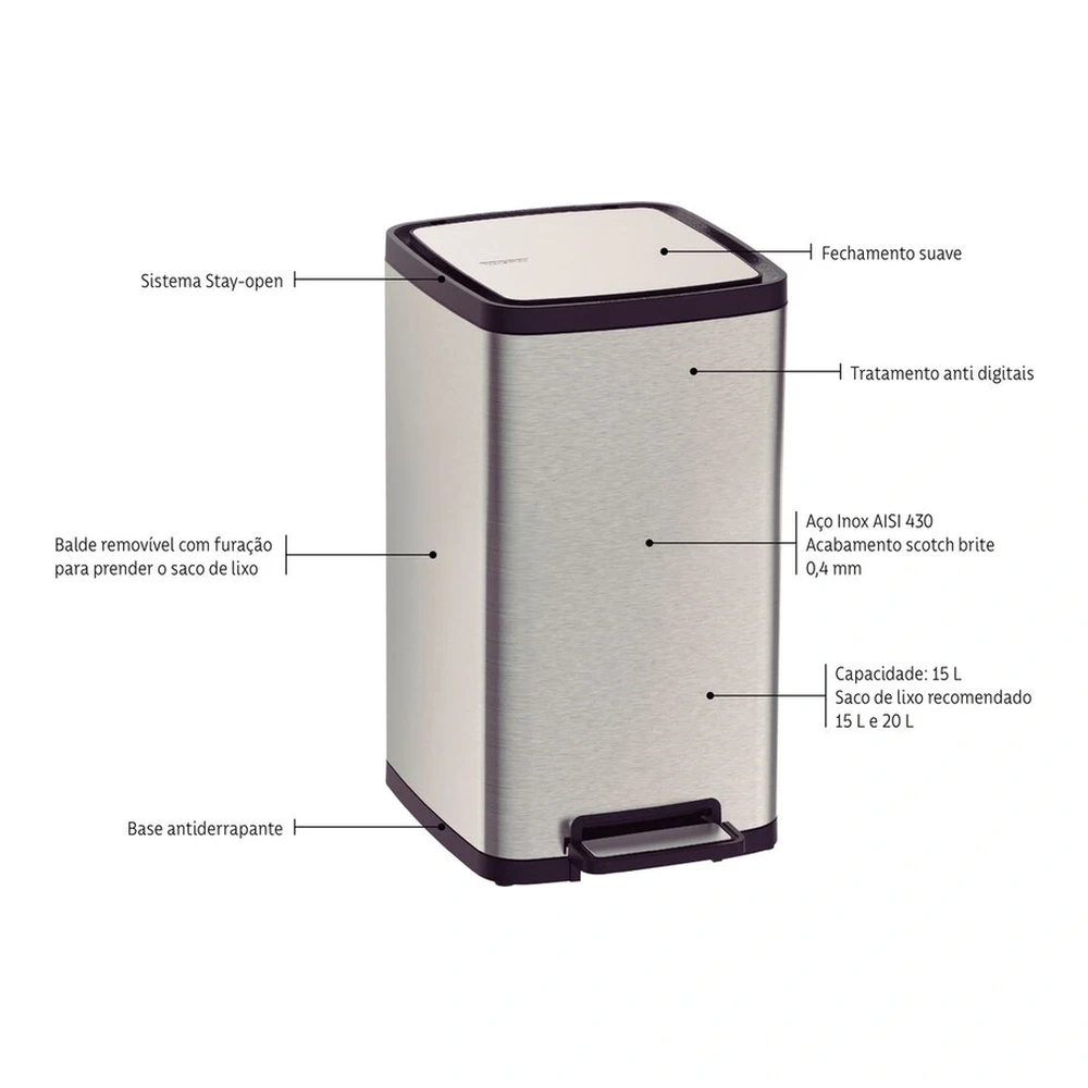 BASURERO INOX CON PEDAL OCTOS 15L TRAMONTINA T945442 5