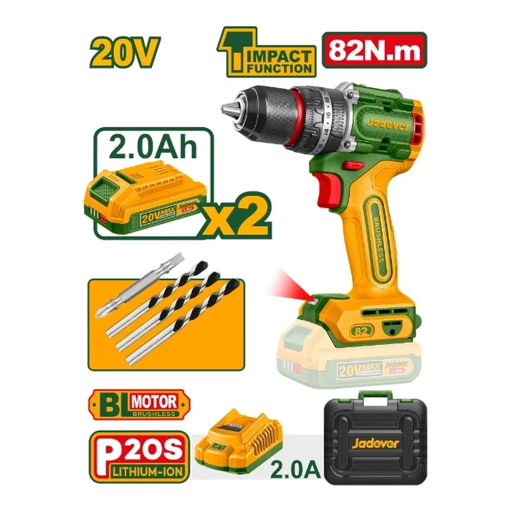 Taladro Percutor 13mm BL. 82Nm 2x Bat. 20V 2Ah (Compact) (M) Jadever*
