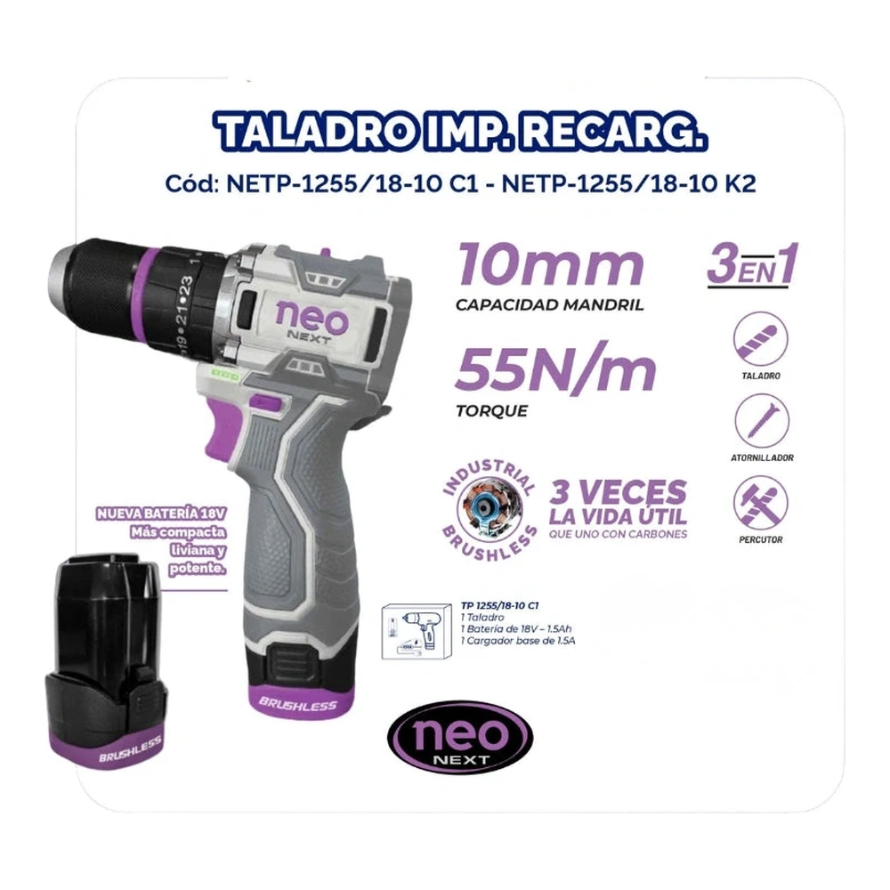 TALADRO DE IMPACTO RECARGABLE 18V + BAT. 1.5AH + CARG. 1.5AH 55NM EN CAJA 2