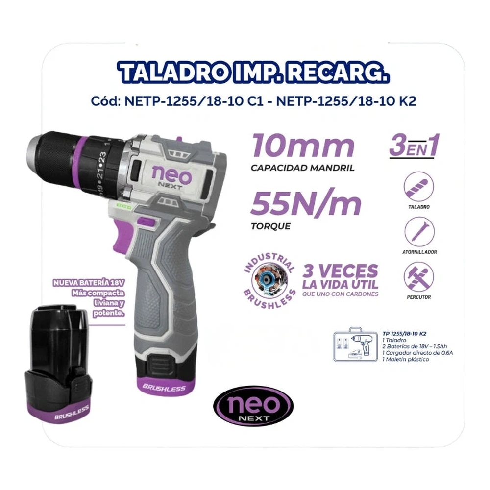 TALADRO DE IMPACTO RECARGABLE 18V + 2BAT. 1.5AH + CARG. 1.5AH 55NM EN MALETIN 2