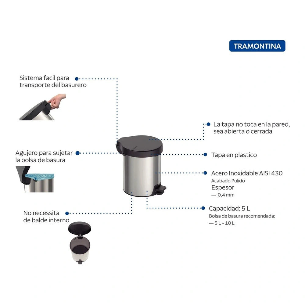 BASURERO INOX CON PEDAL NE 5L TRAMONTINA T94538B 3