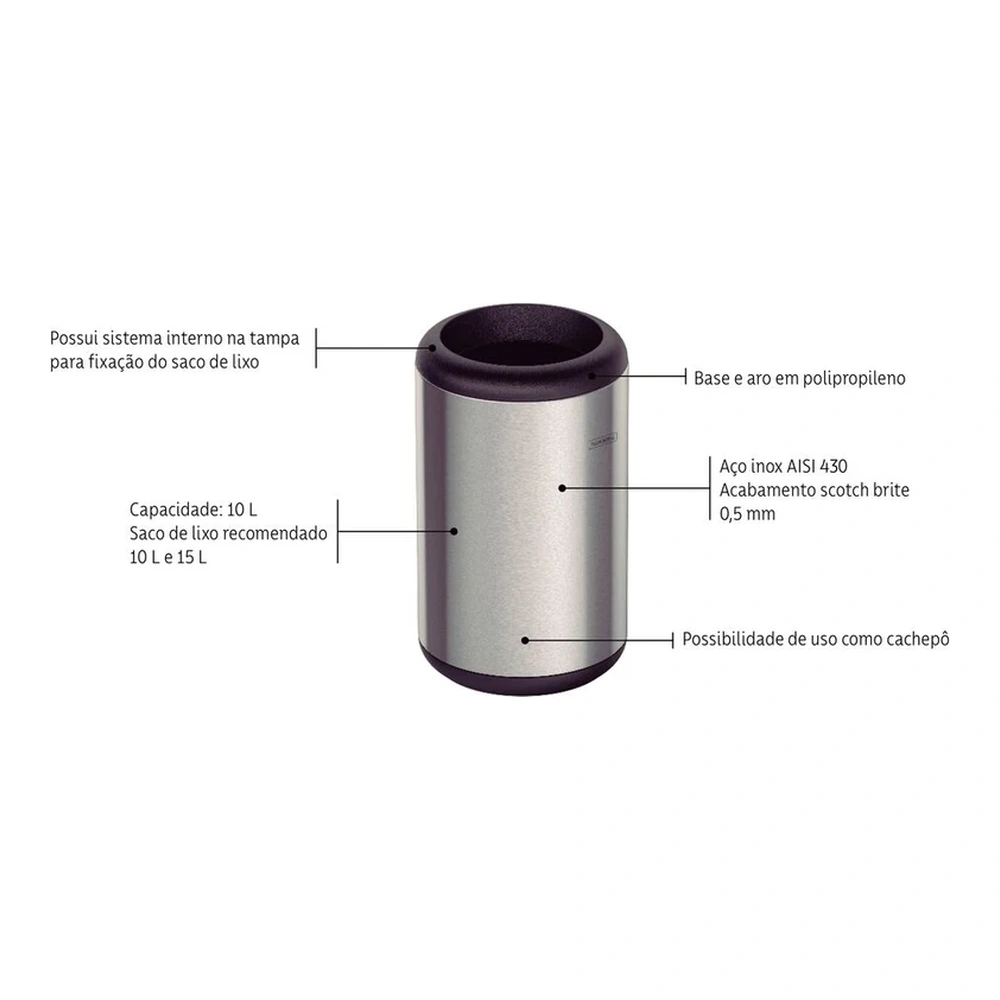 BASURERO INOX SIN TAPA  PORTOFINO 10L TRAMONTINA T945402 4