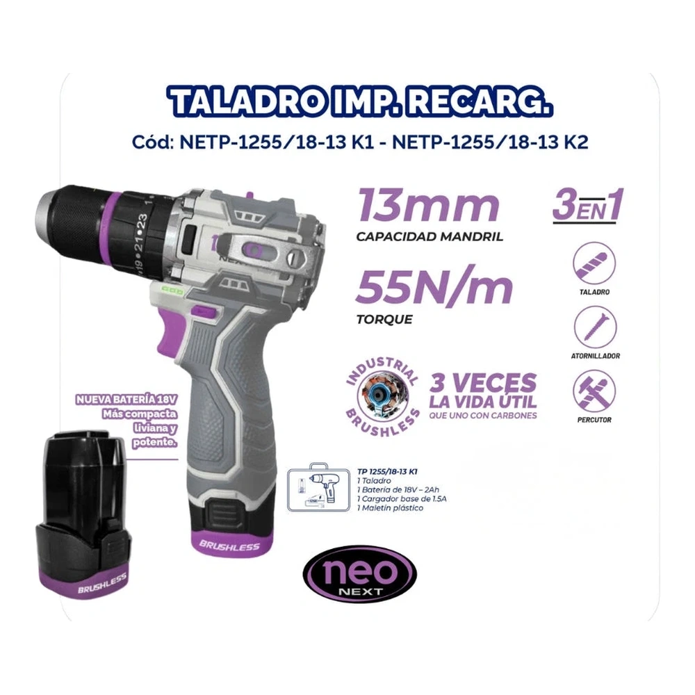 TALADRO DE IMPACTO RECARGABLE 18V + BAT. 2AH + CARG. 1.5AH 55NM EN BMC 2