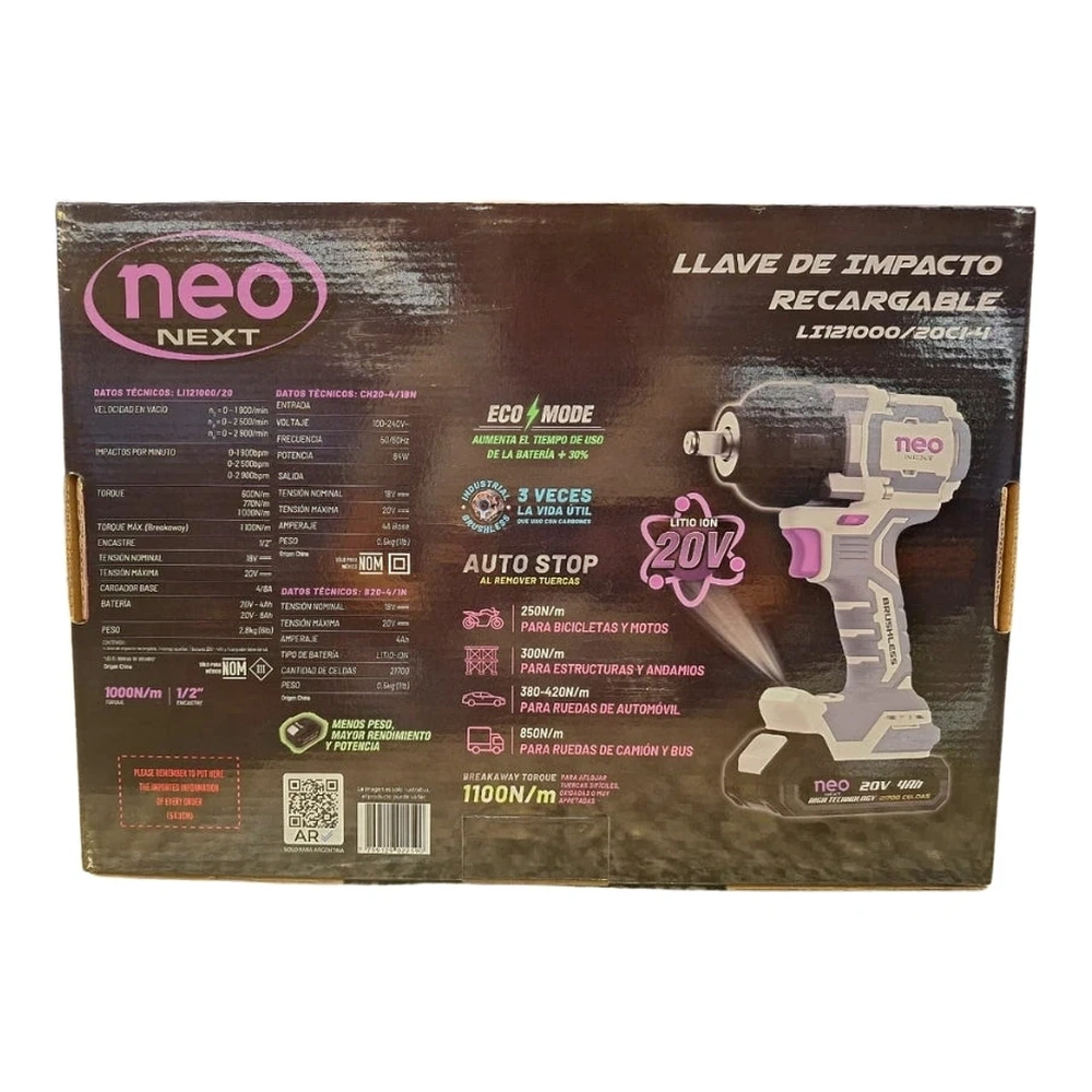 LLAVE IMPACTO RECARG. 20V 1000NM + BAT 4AH + CARG. 4A 3
