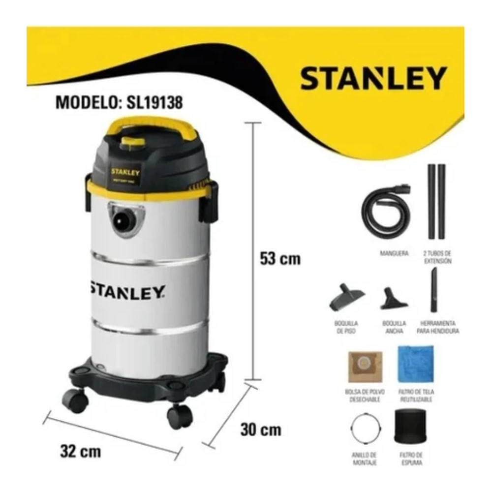 ASPIRADORA INOXIDABLE 1300w STANley 19Litros
Ideal para: Agua - Polvo B07051