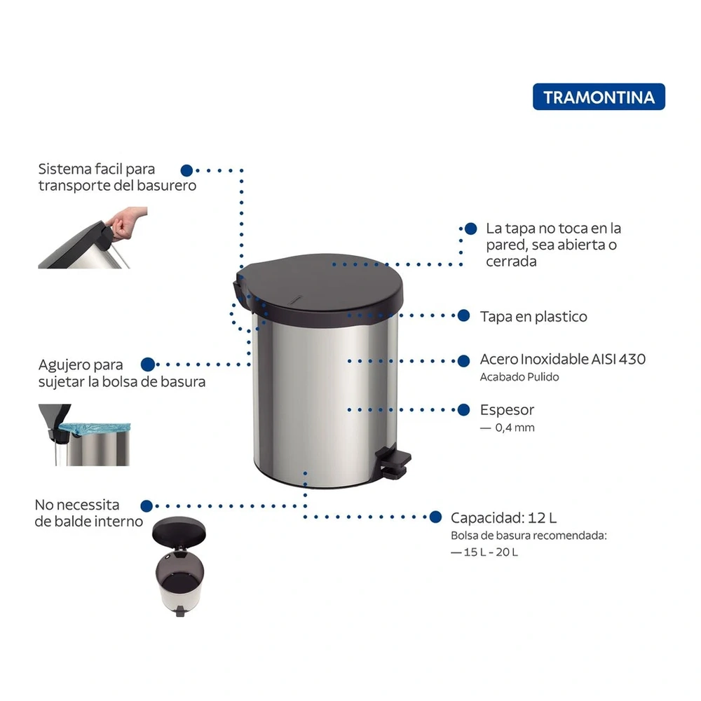 BASURERO INOX CON PEDAL NE 12L TRAMONTINA T94538C 3