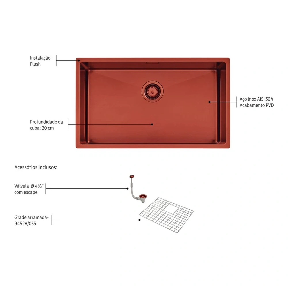 CUBETA QUADRUM INOX 70X40X20,5 ROSE GOLD TRAMONTINA T940004 5