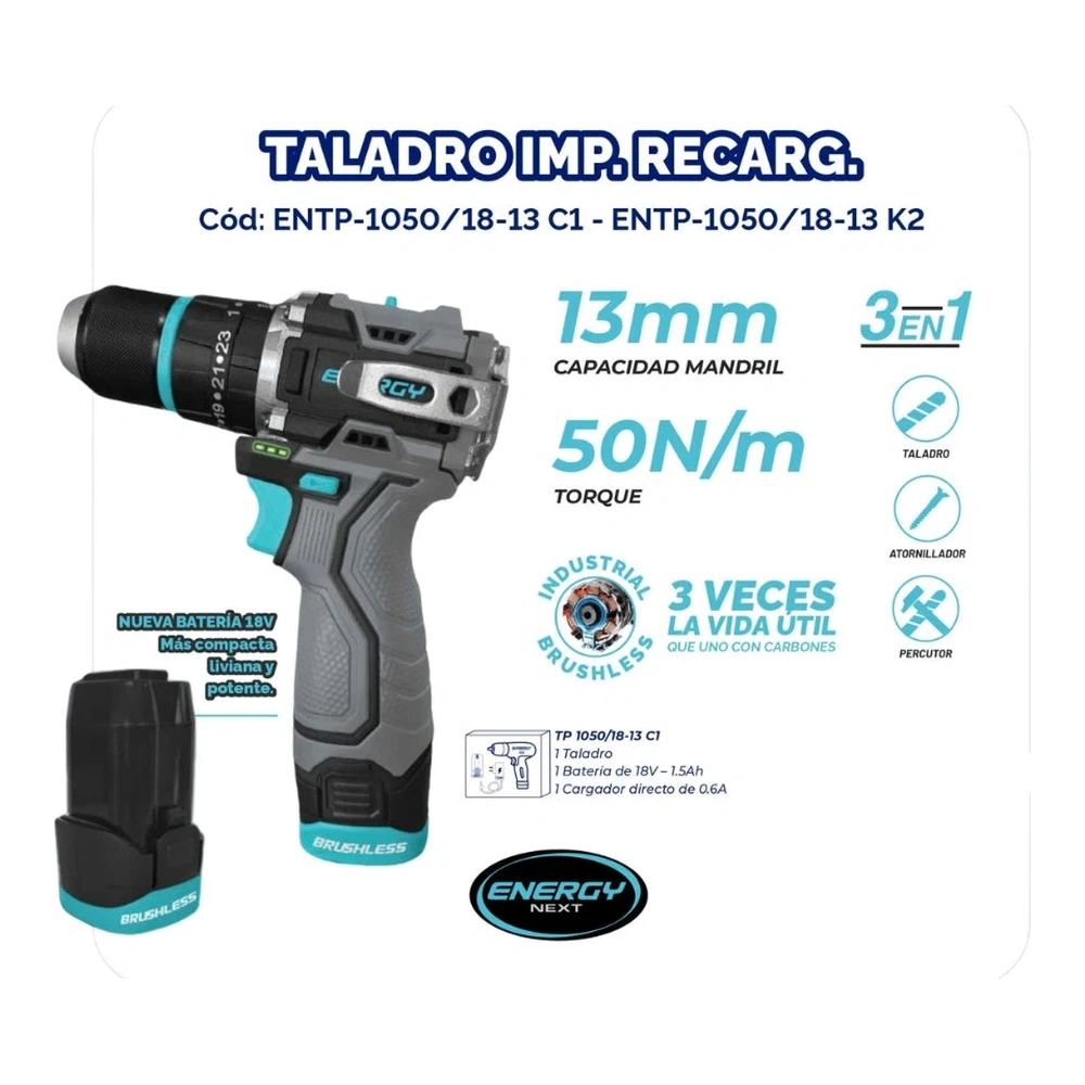 TALADRO DE IMPACTO RECARGABLE 18V C/ BAT 1.5AH + CARG DIRECTO 1.5AH, EN CAJA 2