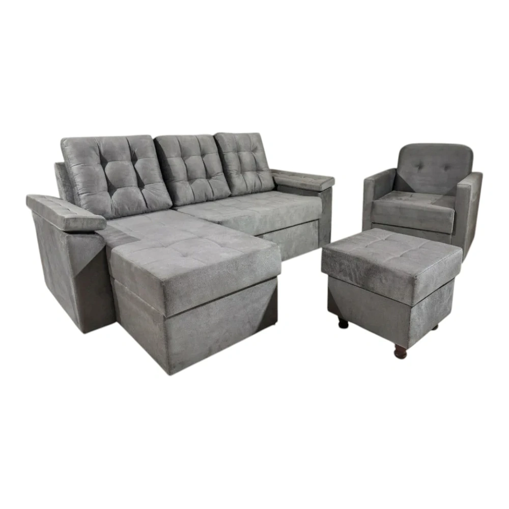 Sofá Unanime Ypane 3L + Poltrona + Puff Gris 2