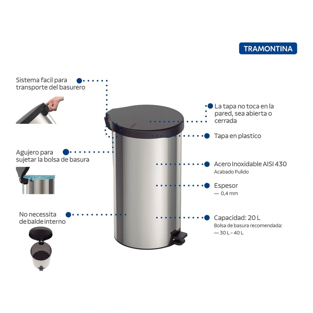 BASURERO INOX CON PEDAL NE  20L TRAMONTINA T94538D 3