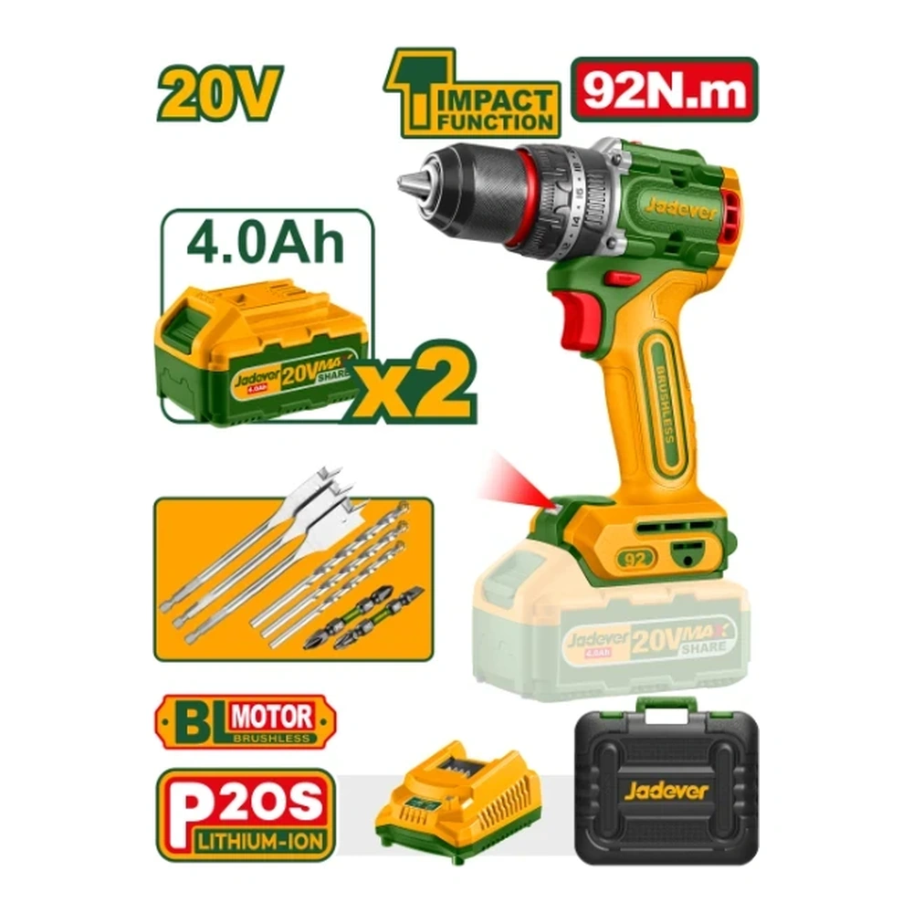 Taladro Percutor 13mm BL. 92Nm 2x Bat. 20V 4Ah (Compact) (M) Jadever*