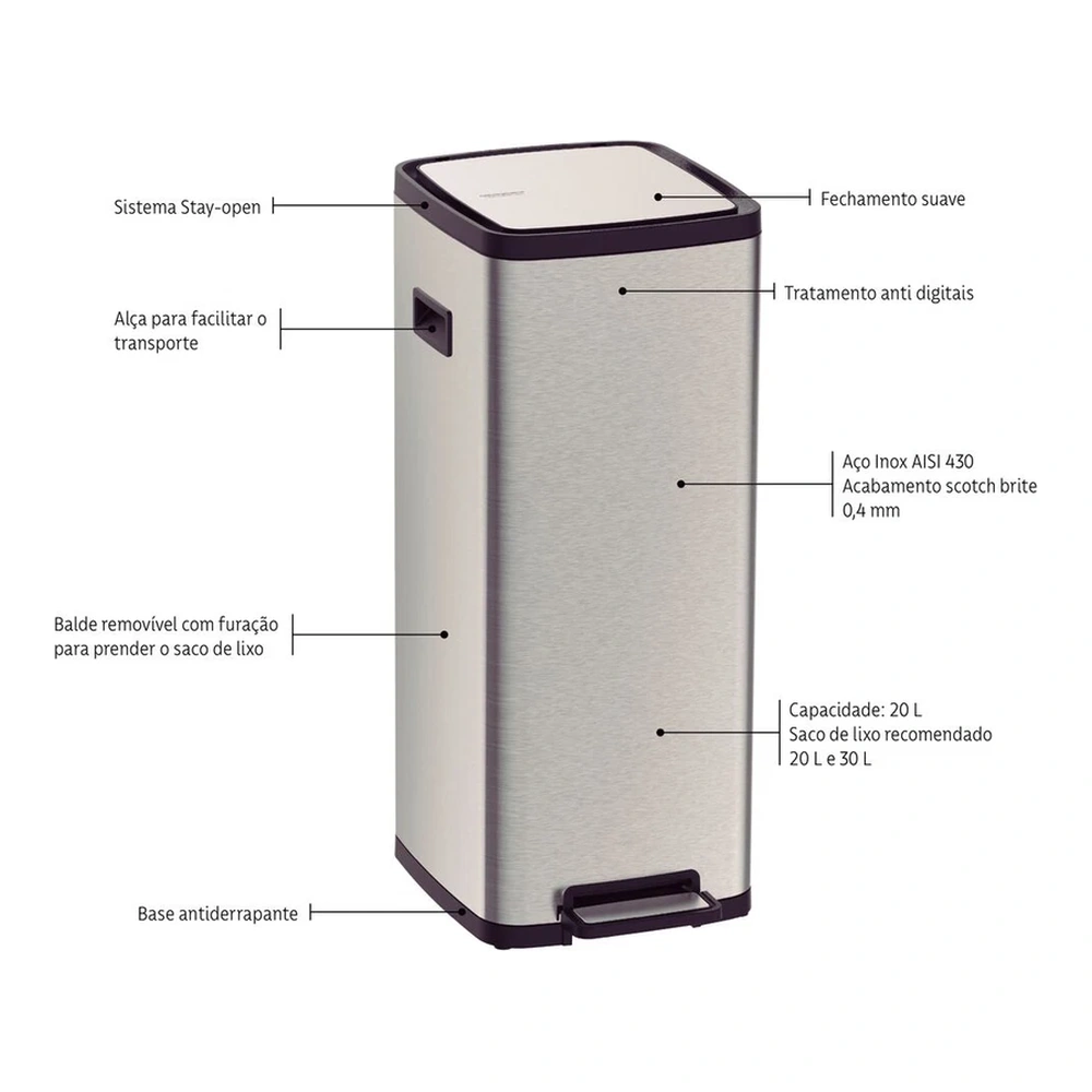 BASURERO INOX CON PEDAL OCTOS 20L TRAMONTINA T945443 4