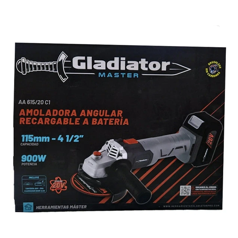 AMOLADORA ANGULAR RECARGABLE A BATERÍA GLADIATOR 115MM 900W 5