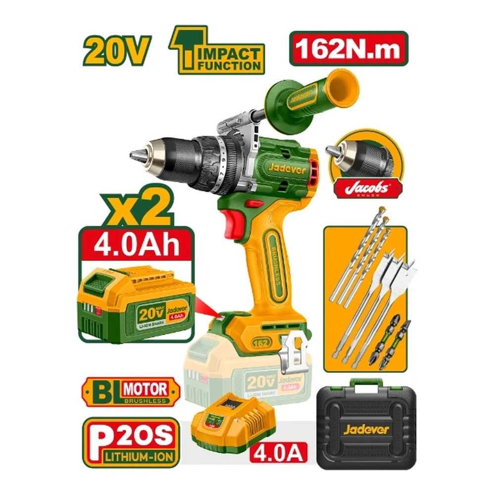 Taladro Percutor 13mm BL. 162Nm 2x Bat. 20V 4Ah (M) Jadever