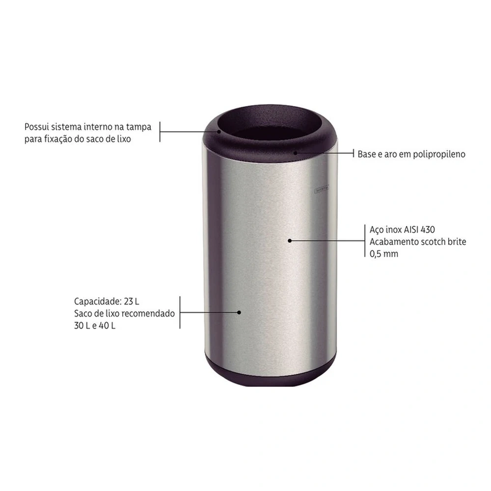 BASURERO INOX SIN TAPA  PORTOFINO 23L TRAMONTINA T945405 4