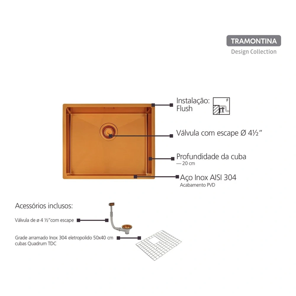 CUBETA QUADRUM INOX 50X40X20,5 GOLD TRAMONTINA T940072 5