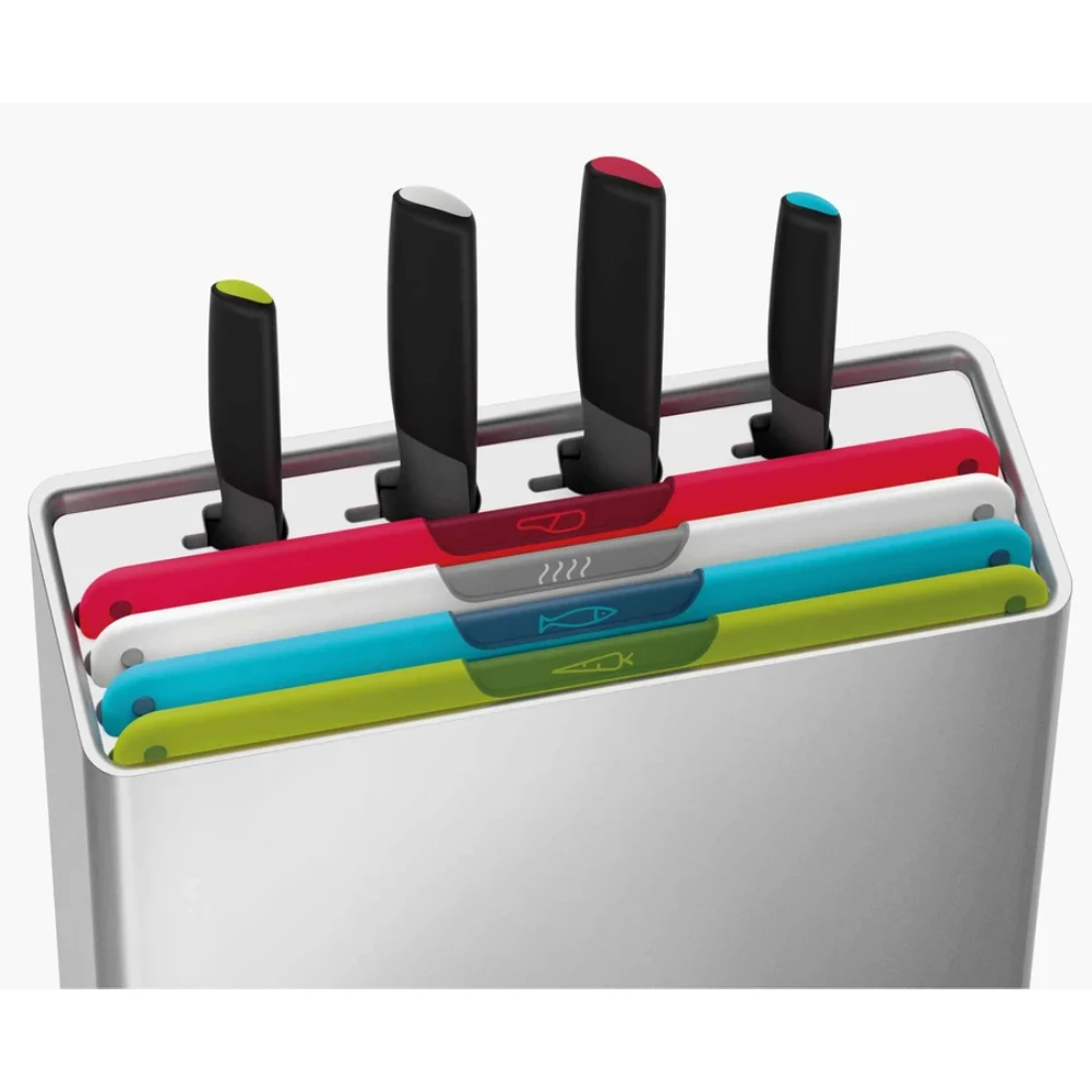 SET DE 4 TABLAS JOSEPH JOSEPH +4 CUCHILLOS ELEVATE CON ORGANIZADOR DE ACERO INOX 5